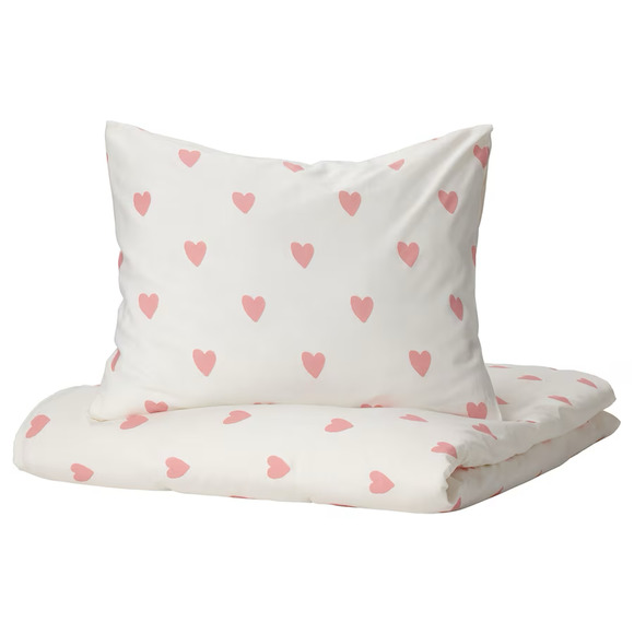 IKEA BARNDRÖM BARNDROM Duvet Cover & Pillowcase, Heart Pattern White/Pink, Twin - Picture 1 of 6